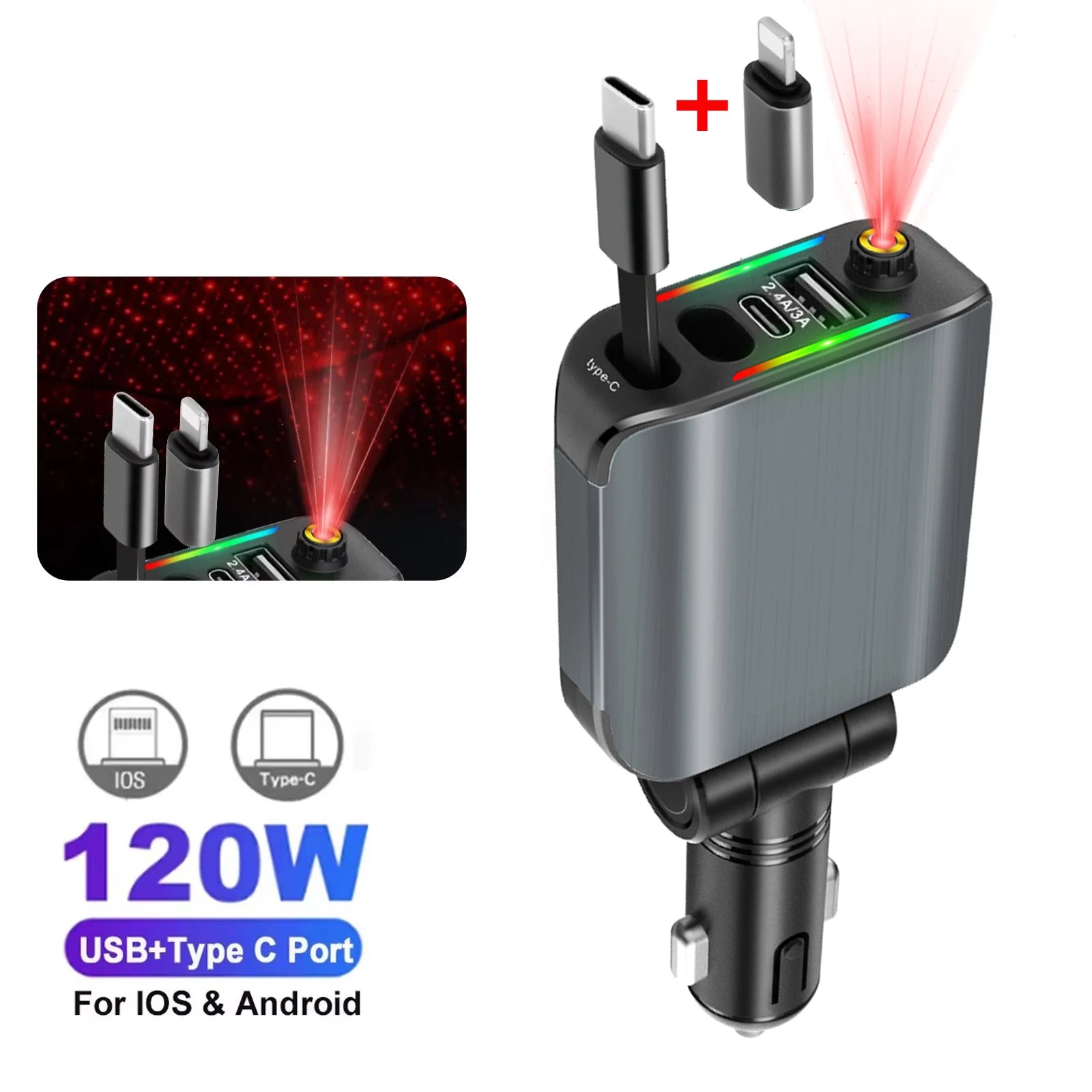 Cargador de Coche Retráctil 4 en 1 con Carga Rápida PD30W