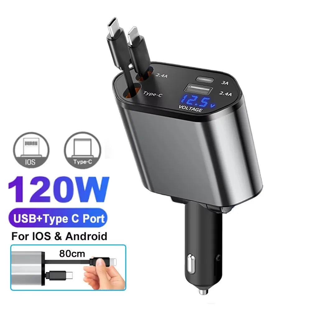 Cargador de Coche Retráctil 4 en 1 con Carga Rápida PD30W