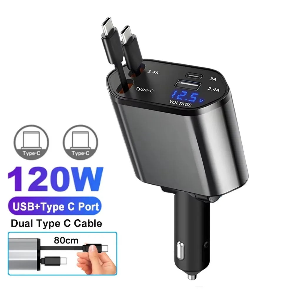Cargador de Coche Retráctil 4 en 1 con Carga Rápida PD30W