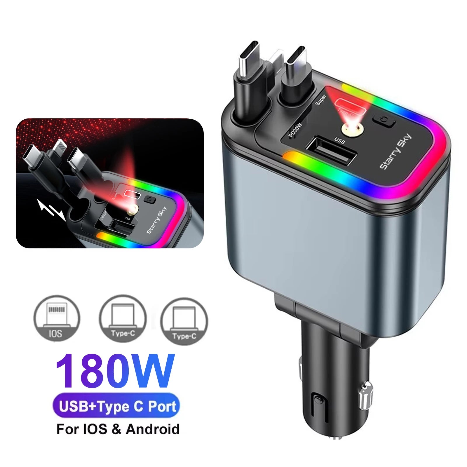 Cargador de Coche Retráctil 4 en 1 con Carga Rápida PD30W