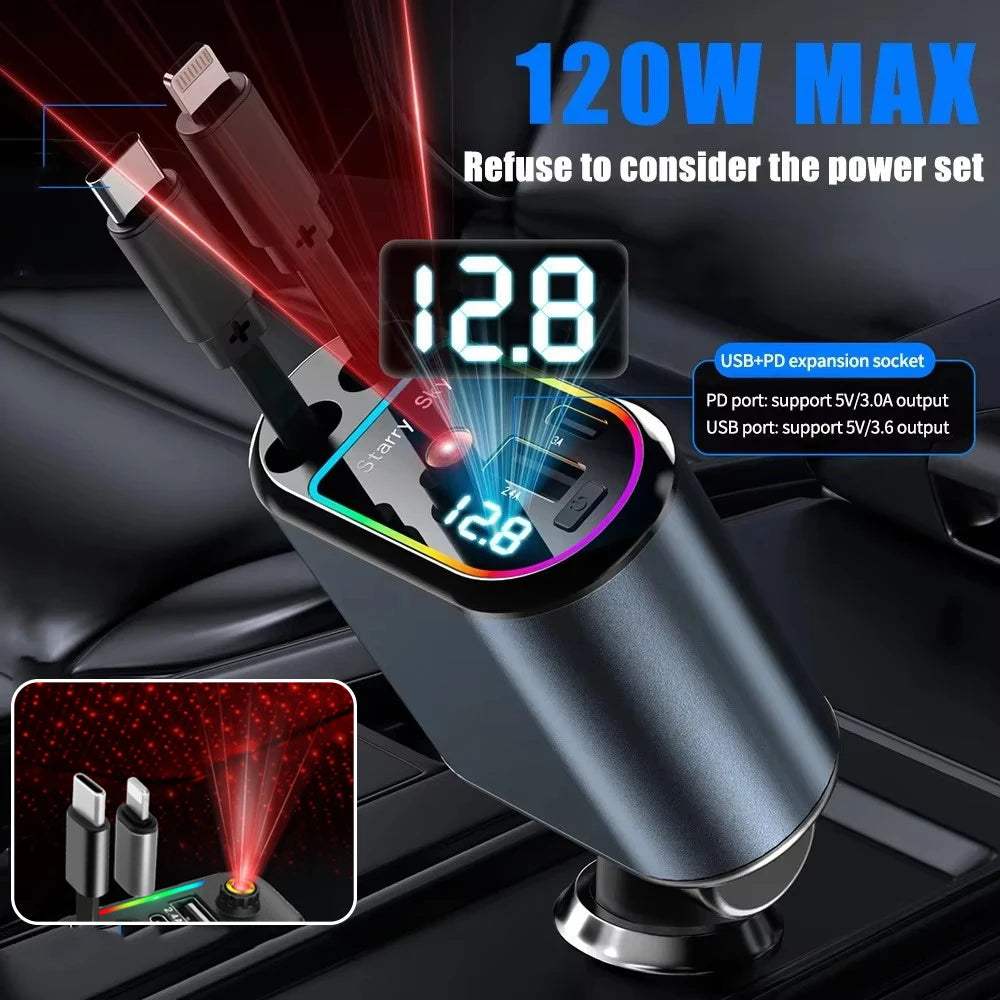 Cargador de Coche Retráctil 4 en 1 con Carga Rápida PD30W