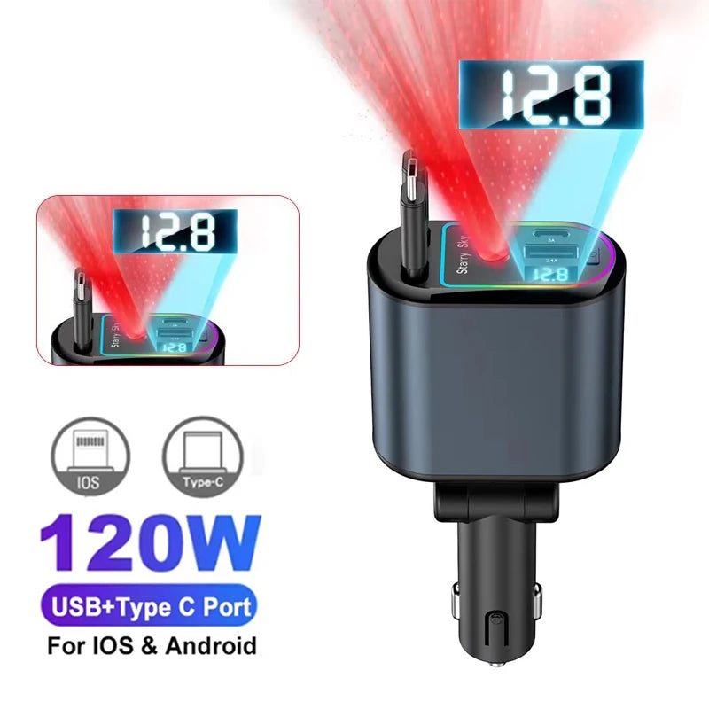 Cargador de Coche Retráctil 4 en 1 con Carga Rápida PD30W