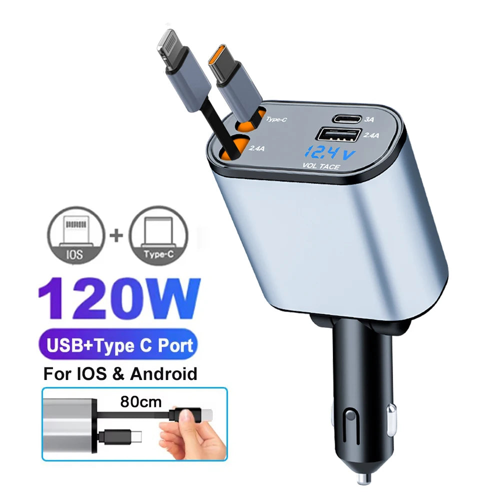 Cargador de Coche Retráctil 4 en 1 con Carga Rápida PD30W