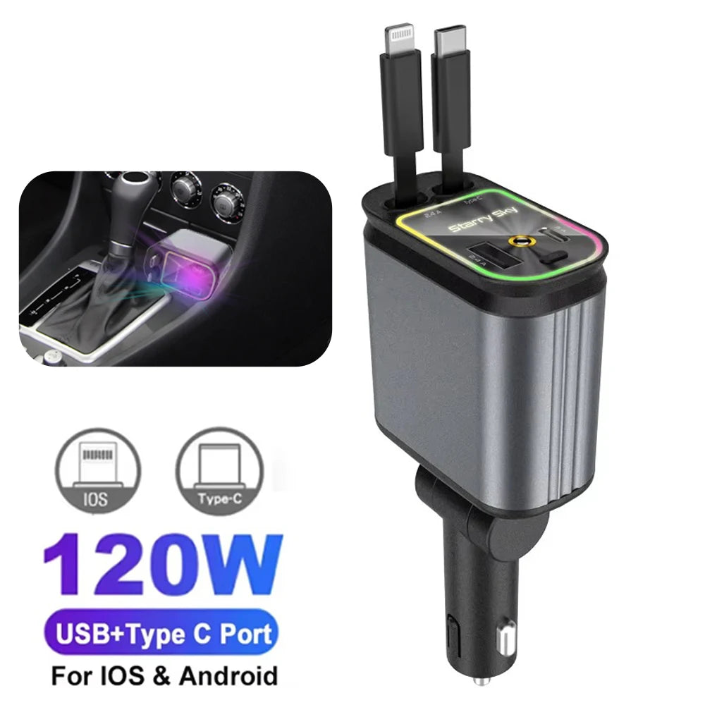 Cargador de Coche Retráctil 4 en 1 con Carga Rápida PD30W