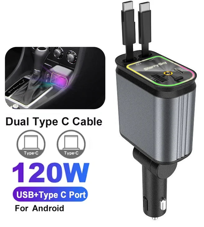 Cargador de Coche Retráctil 4 en 1 con Carga Rápida PD30W