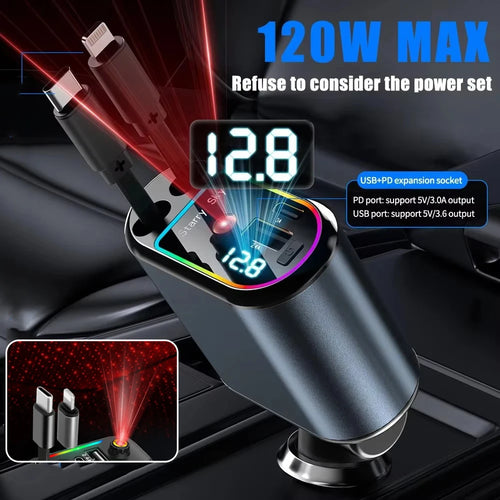Cargador de Coche Retráctil 4 en 1 con Carga Rápida PD30W